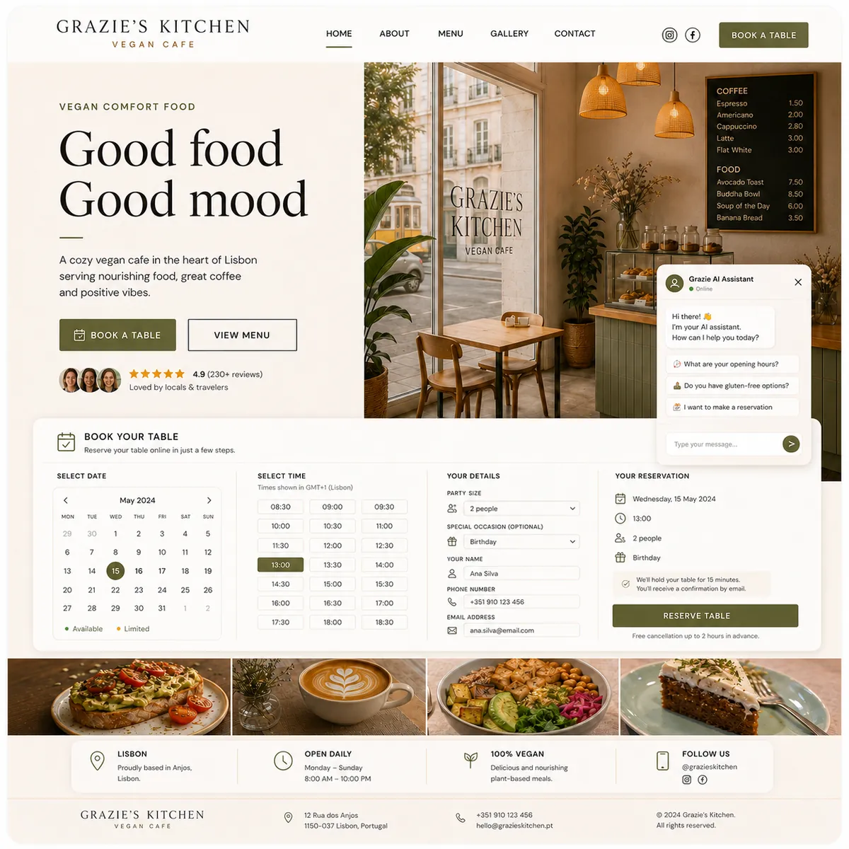Grazie's Kitchen AI booking redesign — depois