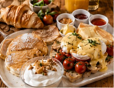 Rústico — brunch completo com croissant, panquecas, ovos benedict e sumo natural