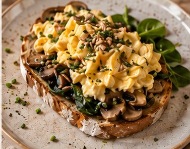 Tosta Holandesa — tosta aberta com ovos mexidos, cogumelos e espinafres