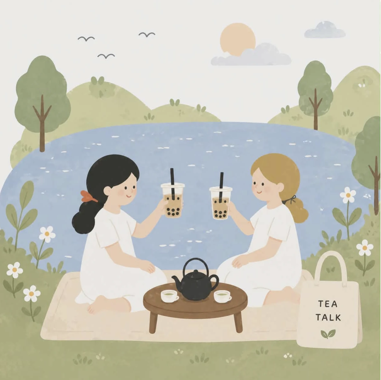 Ilustração de duas amigas junto ao lago, a brindar com bubble tea