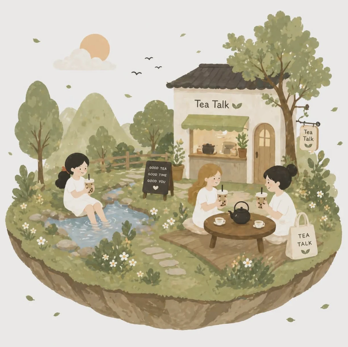 Ilustração da Tea Talk, com amigas a conversar e beber bubble tea
